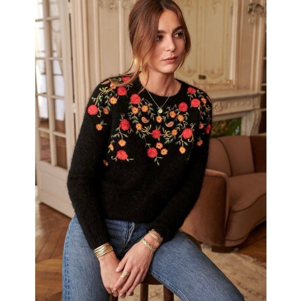 Sezane Antonin in Noir Rare Kid Mohair Embroidered Floral Jumper Sweater XS